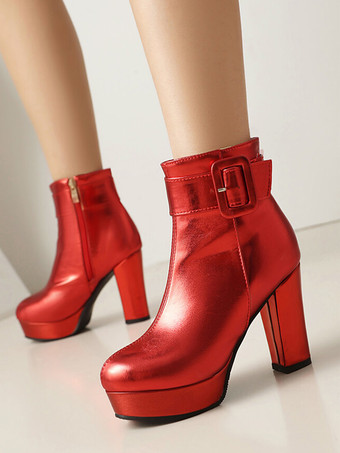 レッド レディース ピンク バックル ブーティ ラウンドトゥ チャンキーヒール アンクルブーツ