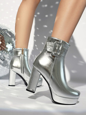 シルバー レディース ピンク バックル ブーティ ラウンドトゥ チャンキーヒール アンクルブーツ