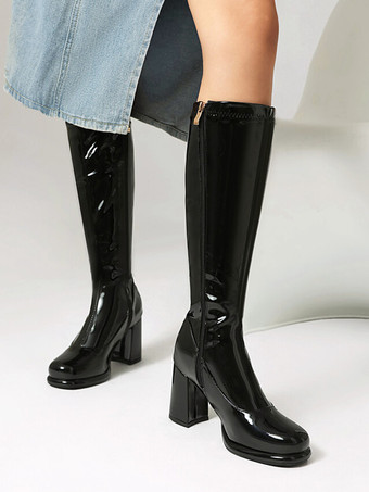 PUレザー ブラック ラウンドトゥ チャンキーヒール ミッドカーフブーツ レディース ブーツ