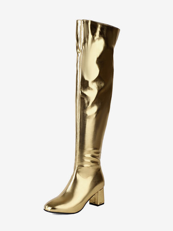 ゴールド オーバーザニーブーツ シルバー PUレザー レディース ラウンドトゥ オーバーザニーブーツ チャンキーヒール