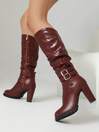 ニーハイブーツ レディース PUレザー バックル ニーハイブーツ チャンキーヒール