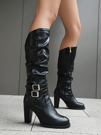 ニーハイブーツ レディース PUレザー バックル ニーハイブーツ チャンキーヒール