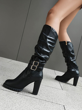 ニーハイブーツ レディース PUレザー バックル ニーハイブーツ チャンキーヒール