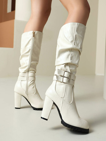 ニーハイブーツ レディース PUレザー バックル ニーハイブーツ チャンキーヒール