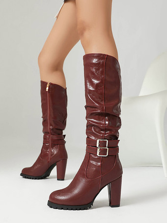 ダークレッドニーハイブーツ レディース PUレザー バックル ニーハイブーツ チャンキーヒール