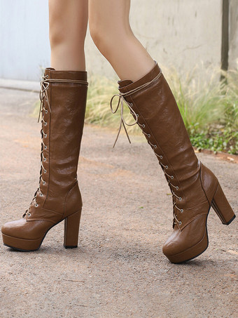 ニーブーツ レディース PUレザー チャンキーヒール ニーハイブーツ