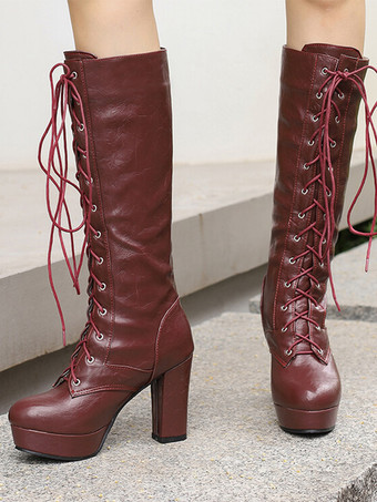 ニーブーツ レディース PUレザー チャンキーヒール ニーハイブーツ