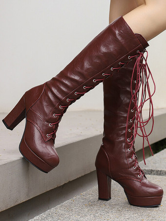 ニーブーツ レディース PUレザー チャンキーヒール ニーハイブーツ