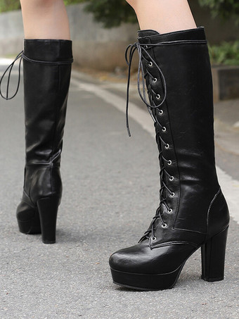 ニーブーツ レディース PUレザー チャンキーヒール ニーハイブーツ