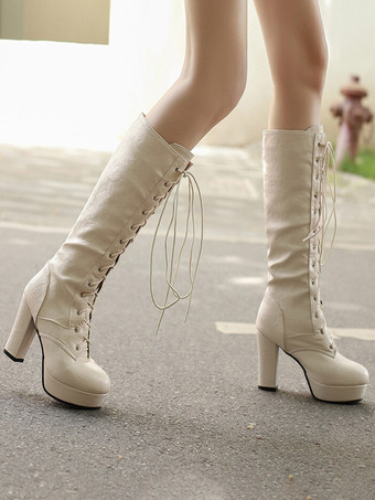 ニーブーツ レディース PUレザー チャンキーヒール ニーハイブーツ