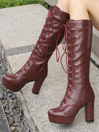 ダークレッドニーブーツ レディース PUレザー チャンキーヒール ニーハイブーツ