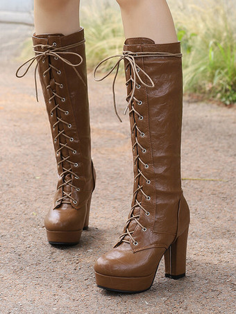 ブラウンニーブーツ レディース PUレザー チャンキーヒール ニーハイブーツ