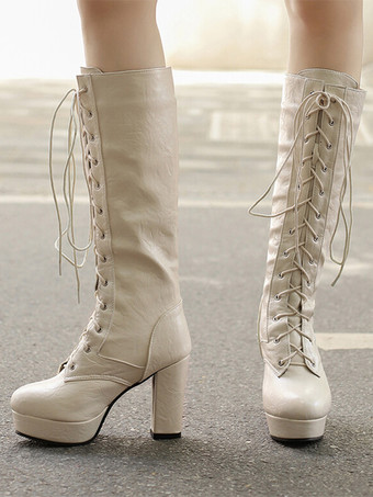 ホワイト ニーブーツ レディース PUレザー チャンキーヒール ニーハイブーツ