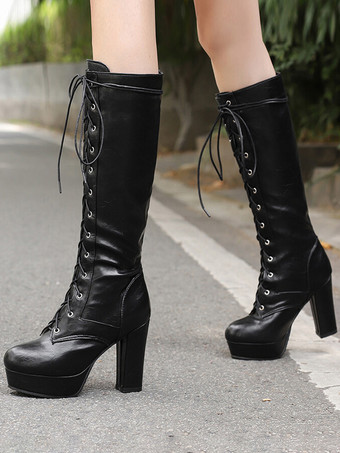 ブラック ニーブーツ レディース PUレザー チャンキーヒール ニーハイブーツ