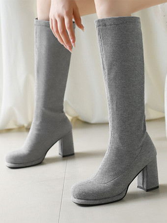 GrisBotas hasta la rodilla de poliéster para mujer botas hasta la rodilla tacón grueso