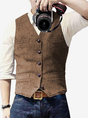 ブラウンメンズベスト ヘリンボーン柄 ウェディングドレスベスト 英国スタイルベスト