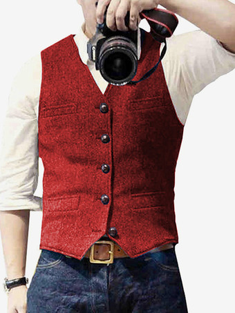 レッド メンズベスト ヘリンボーン柄 ウェディングドレスベスト 英国スタイルベスト