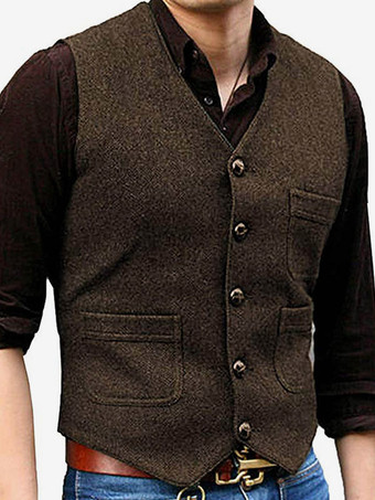 ディープブラウンメンズベスト Vネック ウェディングドレスベスト メンズスーツベスト