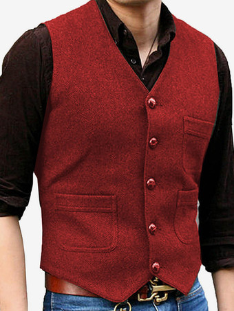 レッド メンズベスト Vネック ウェディングドレスベスト メンズスーツベスト