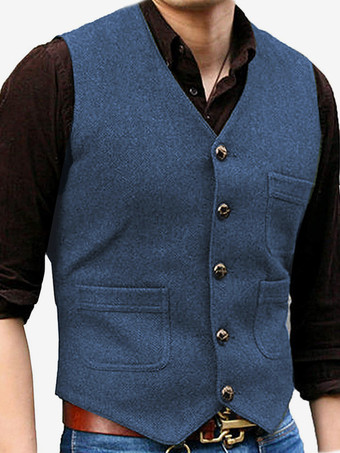 ブルー メンズベスト Vネック ウェディングドレスベスト メンズスーツベスト