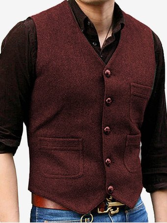 ワインレッド メンズベスト Vネック ウェディングドレスベスト メンズスーツベスト