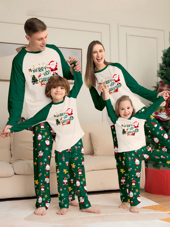 ダークグリーン家族で揃うクリスマスパジャマ カップル用 大人用 ポリエステル クリスマス柄 パンツ トップ