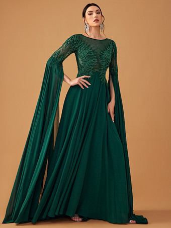 Robe de soirée robe de bal col bijou mousseline longueur au sol perles robes de concours social