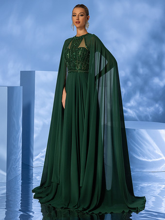 イブニングドレス ボールガウン ジュエルネック トレーン付き ノースリーブ ジッパー ビーズ シフォン フォーマル パーティードレス