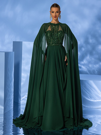 エメラルド イブニングドレス ボールガウン ジュエルネック トレーン付き ノースリーブ ジッパー ビーズ シフォン フォーマル パーティードレス