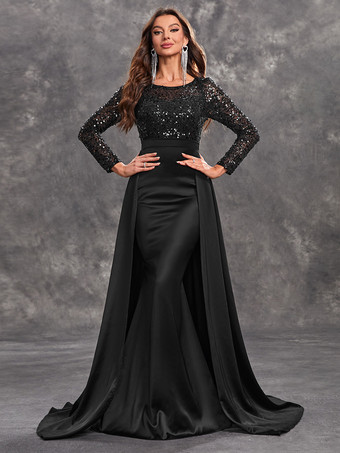 ブラックイブニングドレス ボールガウン ジュエルネック トレーン付き 長袖 ジッパー スパンコール サテン生地 フォーマルディナードレス