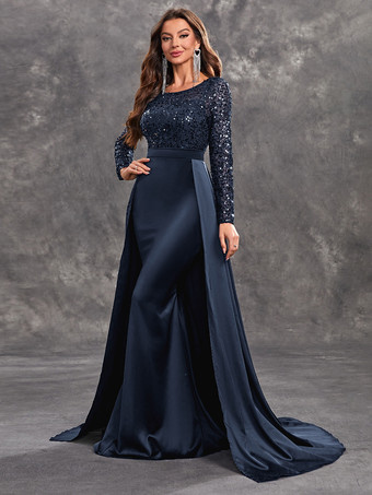 ダークネイビーイブニングドレス ボールガウン ジュエルネック トレーン付き 長袖 ジッパー スパンコール サテン生地 フォーマルディナードレス