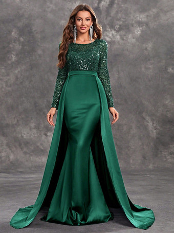 グリーン イブニングドレス ボールガウン ジュエルネック トレーン付き 長袖 ジッパー スパンコール サテン生地 フォーマルディナードレス