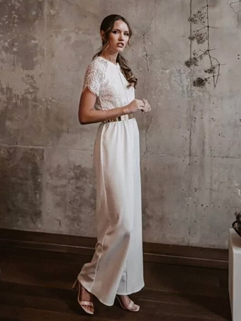 ブライダルジャンプスーツ ストレッチクレープ プリーツ アンクル丈ジャンプスーツ ジュエルネック 半袖 ナチュラルウエスト アイボリー