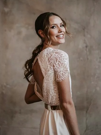 ブライダルジャンプスーツ ストレッチクレープ プリーツ アンクル丈ジャンプスーツ ジュエルネック 半袖 ナチュラルウエスト アイボリー