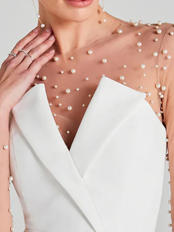 ブライダルジャンプスーツ チュール パール フロアレングス ジャンプスーツ デザインネックライン 長袖 ナチュラルウエスト アイボリー