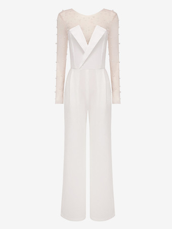 ブライダルジャンプスーツ チュール パール フロアレングス ジャンプスーツ デザインネックライン 長袖 ナチュラルウエスト アイボリー