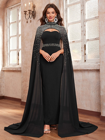 NoirRobe de soirée en mousseline de soie longueur cheville robe de bal décolleté conçu perles robes de fête sociales