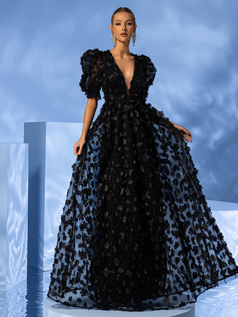 ブラックイブニングドレス ボールガウン Vネック オーガンザ フロアレングス アップリケ 社交パーティードレス