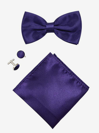 パープル メンズ 3 ピース ソリッドカラー フォーマル サテン セット (ネクタイ、ポケットチーフ、スカーフ、カフスボタン付き)