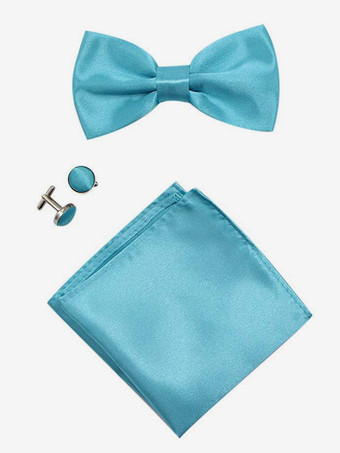 ライトスカイブルーメンズ 3 ピース ソリッドカラー フォーマル サテン セット (ネクタイ、ポケットチーフ、スカーフ、カフスボタン付き)