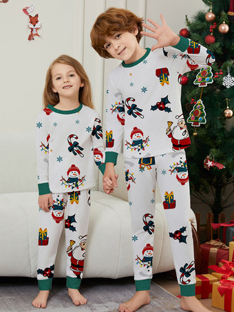 ホワイトファミリークリスマスパジャマ大人用子供用ポリエステルクリスマス柄トップパンツ