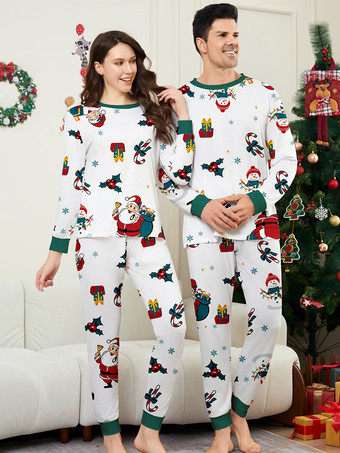 ホワイトファミリークリスマスパジャマ大人用子供用ポリエステルクリスマス柄トップパンツ