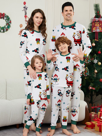 ホワイト ホワイトファミリークリスマスパジャマ大人用子供用ポリエステルクリスマス柄トップパンツ