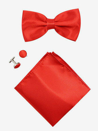 レッド メンズ 3 ピース ソリッドカラー フォーマル サテン セット (ネクタイ、ポケットチーフ、スカーフ、カフスボタン付き)