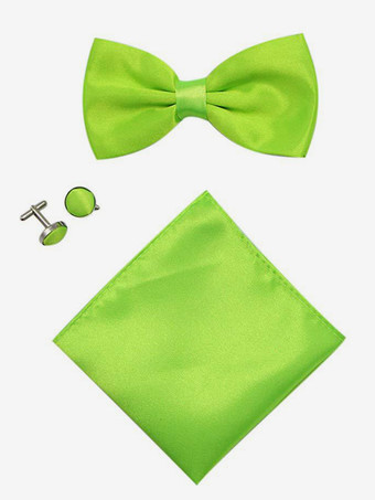 グリーン メンズ 3 ピース ソリッドカラー フォーマル サテン セット (ネクタイ、ポケットチーフ、スカーフ、カフスボタン付き)