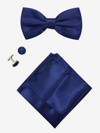ダークネイビーメンズ 3 ピース ソリッドカラー フォーマル サテン セット (ネクタイ、ポケットチーフ、スカーフ、カフスボタン付き)