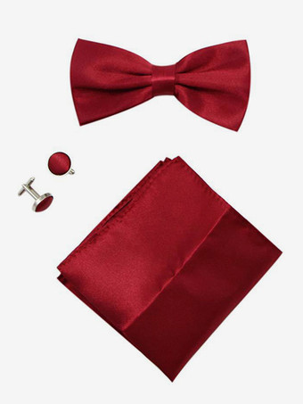 ワインレッド メンズ 3 ピース ソリッドカラー フォーマル サテン セット (ネクタイ、ポケットチーフ、スカーフ、カフスボタン付き)