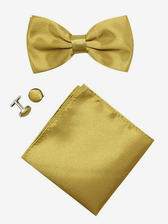 ゴールド メンズ 3 ピース ソリッドカラー フォーマル サテン セット (ネクタイ、ポケットチーフ、スカーフ、カフスボタン付き)