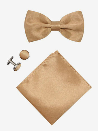 シャンパンカラーメンズ 3 ピース ソリッドカラー フォーマル サテン セット (ネクタイ、ポケットチーフ、スカーフ、カフスボタン付き)
