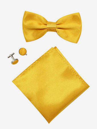 イエローメンズ 3 ピース ソリッドカラー フォーマル サテン セット (ネクタイ、ポケットチーフ、スカーフ、カフスボタン付き)